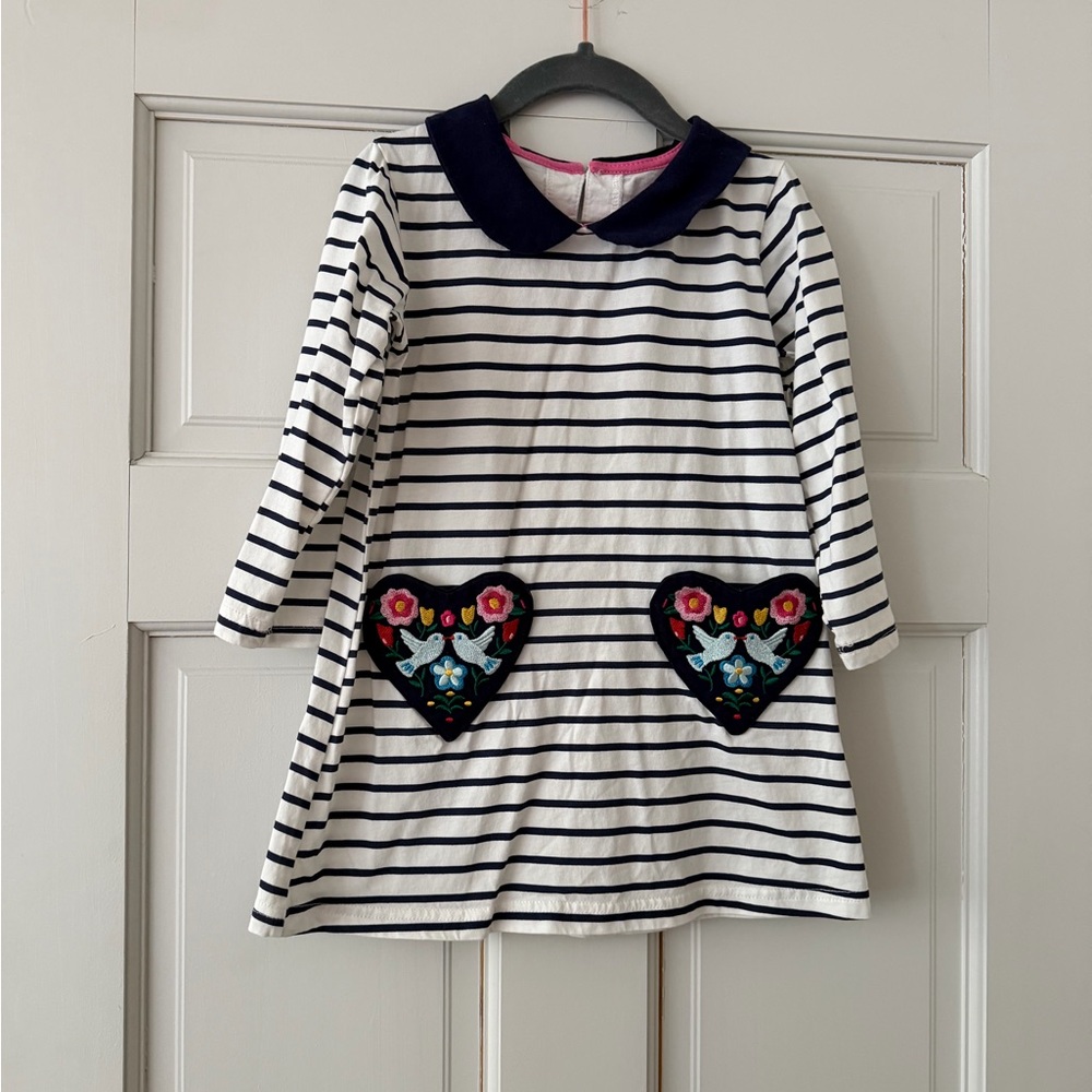 Girls Navy 4T Stripe Dress with Floral Appliqué Heart Pockets